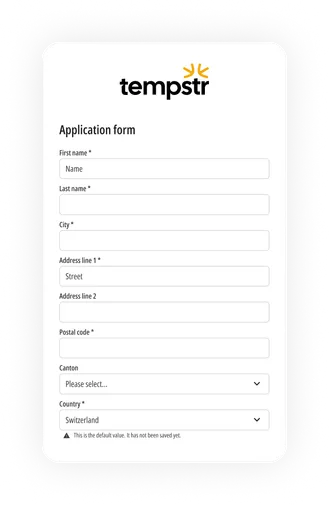 Tempstr profile registration form on a phone.