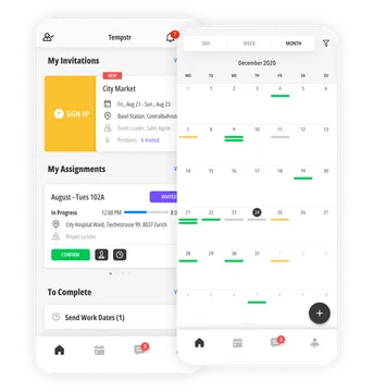 Tempstr staff app on a phone, showing assignments and ratings.