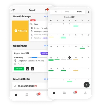 Tempstr-App auf einem Smartphone mit Einsätzen und Bewertungen.