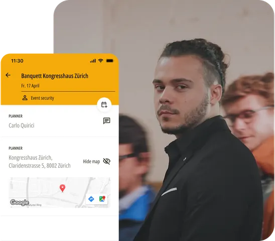 Tempstr worker holding a phone with the app open.